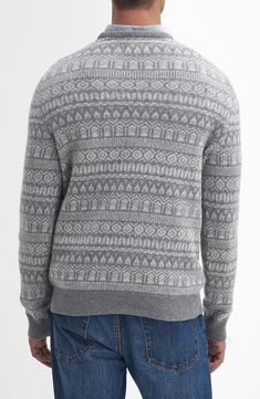 Soft wool yarns warm this classic crewneck sweater knit with an understated Fair Isle pattern that won't overwhelm your look. Crewneck Long sleeves with ribbed cuffs 100% wool Hand wash, dry flat Made in Turkey Gray Jacquard Knit Crew Neck Sweater, Winter Crew Neck Cardigan With Ribbed Cuffs, Gray Crew Neck Cardigan, Cashmere Sweater With Ribbed Cuffs For Cold Weather, Crew Neck Knit Sweater For Cold Weather, Casual Merino Wool Sweater With Fair Isle Pattern, Casual Merino Wool Jacquard Knit Sweater, Cashmere Crew Neck Knit Sweater, Crew Neck Fair Isle Knit Cardigan