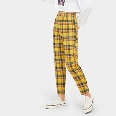 FREE SHIPPING Trends Plaid Pants JKP1392 Casual Plaid Tapered Leg Pants, Casual Plaid High-waisted Pants, Handheld Devices, Plaid Decor, Clothing Summer, Polyester Pants, Pants Fit, New Pant, Yellow Plaid