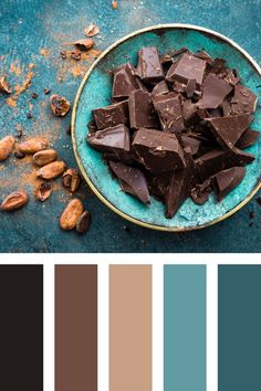 a plate full of chocolate and nuts on top of a blue table with color swatches