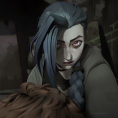 an animated image of a woman with blue hair