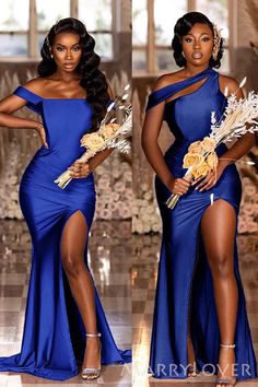 two photos of a woman in blue gowns with flowers on the side and one is wearing