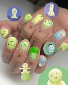 smiski nails glow in the dark nails blind box toys kawaii nails trinket nails cute nails japanese toys Smiski Nail Art, Trinket Nails, Japanese Style Nails, Nails Glow In The Dark, Japan Nails