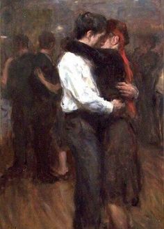 a painting of two people hugging each other in front of a group of men and women