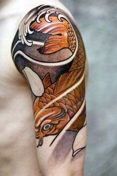 a man with a tattoo on his arm has a koi fish in the middle