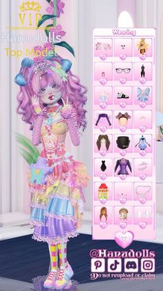 the doll is standing next to a large poster with many items on it's face