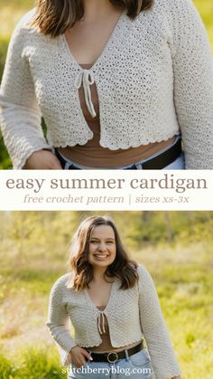 a woman wearing a white crochet cardigan with the text easy summer cardigan free crochet pattern sizes xs - 3x