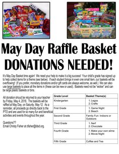 a flyer for the may day raffle basket donations needed to help children in need