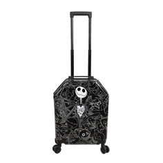 Nightmare Before Christmas fans will love traveling with this officially licensed coffin-shaped suitcase! Measuring 22” in height, 14” in width, and 8.5” in depth, the suitcase has been custom designed with a big, bold graphic of Jack Skellington. Between the 360-degree spinning wheels and the push-button retractable handle, this suitcase makes traveling a breeze! Inside, a zippered packing curtain holds smaller essentials and loose items secure, while valet straps ensure folded clothes arrive a Border Hopper, Christmas Suitcase, Monsieur Jack, Nightmare Before Christmas Backpack, Folded Clothes, Christmas Bucket List, Christmas Bucket, Christmas Jack Skellington, Spinning Wheels