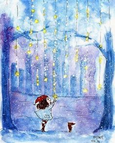 a drawing of a girl looking up at the stars in the sky above her head