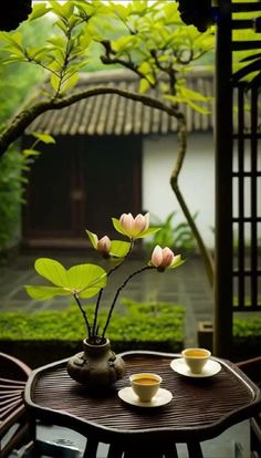 two tea cups on a table with flowers in the middle and a tree behind them