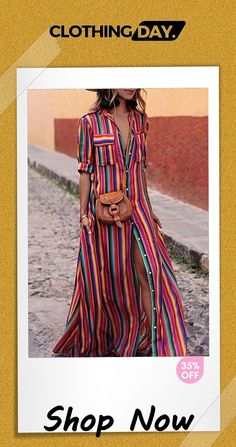 Bohemian Multicolor Striped Dress Plus Size Runway, Thrifting Ideas, Stand Collar Dress, Holiday Maxi Dress, Boho Mode, Dress Sleeve Length, Dresses Boho, Sincerely Jules, Collared Shirt Dress