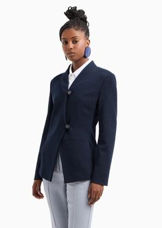 Textured jersey jacket with irregular fastening | EMPORIO ARMANI Woman Elegant Workwear Cardigan With Hidden Button Closure, Modern Wool Cardigan For Work, Tailored Wool Blazer With Covered Buttons, Versatile Wool Outerwear For Work, Wool Blazer With Covered Buttons For Workwear, Elegant Asymmetrical Winter Blazer, Elegant Asymmetrical Outerwear For Business, Asymmetrical Single-breasted Outerwear For Work, Elegant Asymmetrical Single-breasted Outerwear