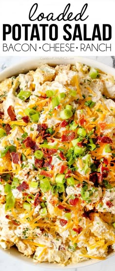 loaded potato salad with bacon and cheese ranch in a white bowl