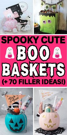 Spooky gift ideas and cute Halloween boo baskets for friends, neighbors, coworkers, a family with kids, a teacher, your girlfriend or boyfriend, or a raffle basket so you can say you’ve been booed! Diy Halloween Gift Bags, Teacher Boo Basket, Gift Basket Filler Ideas, Spooky Halloween Basket, Boo Bucket Ideas, Boo Bag Ideas, Theme Gift Baskets, Spooky Basket Ideas, Basket Filler Ideas