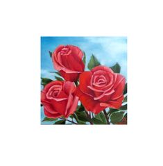 three red roses with green leaves on a blue background