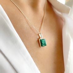 Malachite Square Necklace, Malachite Square Pendant, Sterling Silver Necklace, Layering Necklace, April and May Birthstone Gift - Etsy Sterling Silver Rectangular Pendant Necklace For May Birthstone, Green Rectangular Pendant Birthstone Necklace, Green Birthstone Rectangular Pendant Jewelry, Green Birthstone Jewelry With Rectangular Pendant, Green Birthstone Rectangular Pendant Necklace, Green Birthstone Necklace With Rectangular Pendant, Green Pendant Necklace With Polished Finish, Green Polished Pendant Necklace, May Birthstone Rectangular Gemstone Necklaces