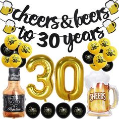 cheers and beers to 30 years 30th birthday party supplies including balloons, beer mugs and decorations