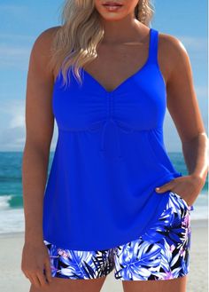 Color:Royal Blue;Size:S;Size:M;Size:L;Size:XL;Size:XXL;Bra Style:Padded;Support:Wire Free;Pad Style:Removable;Strap Style:Adjustable;Package Contents:1 X Top , 1 X Shorts;Occasion:Sport; Elegant Dresses Plus Size, Blue Tankini, Beach Bridesmaid Dresses, Plants Print, Trendy Swimsuits, Plaid Outfits, Printed Tankini, Swimwear Dress, Black Swimwear