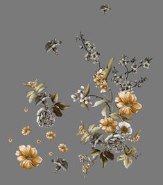 a bunch of flowers that are on a gray background with white and yellow flowers in the middle