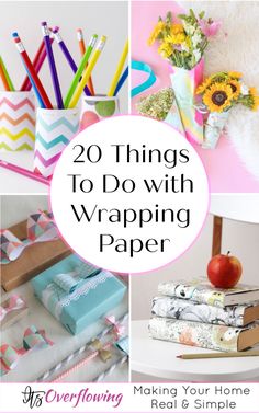 the words 20 things to do with wrapping paper are shown above pictures of various items