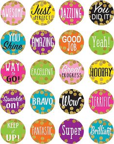 colorful badges with different words on them