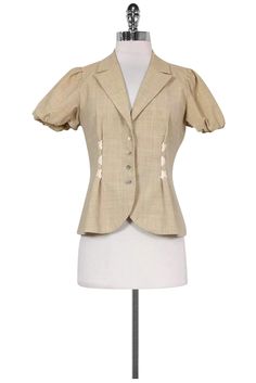 Current Boutique-Rebecca Taylor - Beige Short Sleeve Blazer Sz 6 Fitted Beige Button-up Blazer, Cream Fitted Blazer For Business Casual, Fitted Cream Blazer For Business Casual, Semi-formal Single Breasted Fitted Top, Semi-formal Fitted Single Breasted Top, Elegant Beige Single Breasted Top, Fitted Cream Blazer With Buttons, Fitted Beige Top For Semi-formal Occasions, Beige Fitted Top For Semi-formal Occasions