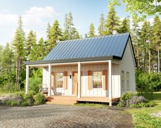 a small white cabin with a porch and windows on the front, surrounded by trees