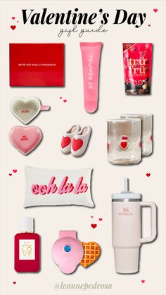 valentine's day gift guide for her with pink and red items on the cover