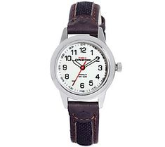 Time travel. The Expedition watch is fashioned with Quick-Date function on the dial, a brushed silvertone round case, a natural-colored dial for a go-anywhere look that's both sporty and sophisticated. From Timex.