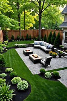 an outdoor patio with seating and landscaping