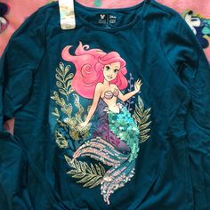 Brand New Never Worn. Beautiful Details! Pink Long Sleeve Disney T-shirt, Disney Long Sleeve Top With Cartoon Print, Blue Long Sleeve Disney Top, Pink Long Sleeve Disney Top, Little Mermaid Shirt, Mermaid Shirt, Jumping Beans, Disney Shirts, Little Mermaid