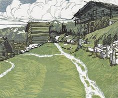 a drawing of a house on a hill with houses in the background and water running through it