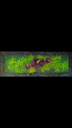 a painting with green leaves and purple flowers on the bottom is shown in black background