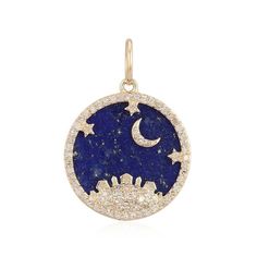 14K Gold Diamond Celestial Lapis Necklace Charm Concept Jewelry, Sun Celestial, Sapphire Heart Necklace, Lapis Necklace, Cluster Bracelets, Gold Work, Diamond Star, Diamond Charm, Necklace Charm