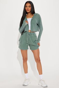 Available In Black And Sage. Washed Ribbed Short Set Cropped Zip-Up Hoodie Sweatshorts Elastic Waistband Drawstring Cargo Pockets Stretch Disclaimer: Due To The Specialized Wash Process, Each Garment Is Unique. 100% Cotton Imported | Blair Thermal Short Set in Sage size Large by Fashion Nova Casual Green Shorts For Fall, Cropped Zip Up Hoodie, Search By Photo, Cropped Zip Up, Classic Aesthetic, Ribbed Shorts, Hoodie Set, Short Set, Matching Dresses