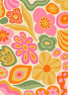 an image of colorful flowers and leaves on a white background with orange, pink, green, yellow and red colors