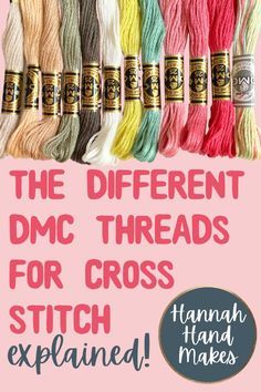 the different dmc threads for cross - stitch are displayed on a pink background with text overlay