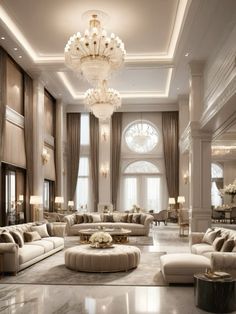 an elegant living room with chandelier, couches and tables in the center