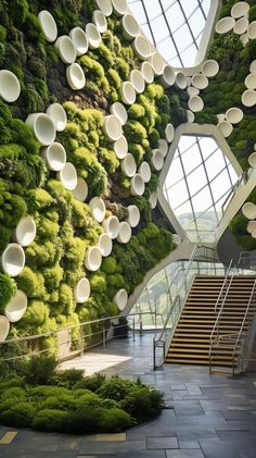 a green wall with lots of white plates hanging from it's sides and stairs