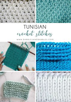 crochet stitches are shown in four different pictures, one is blue and the other is white