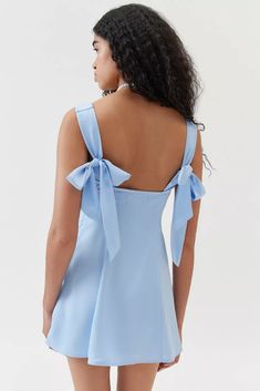 UO Bri Double Bow Satin Mini Dress | Urban Outfitters Light Blue Hoco Dress, Light Blue Homecoming Dresses, Blue Satin Mini Dress, Blue Hoco Dress, Light Blue Mini Dress, Urban Outfitters Lights, Blue Homecoming Dresses, Double Bow, Light Blue Dresses