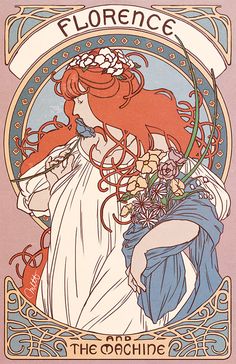 an art nouveau poster with a woman holding flowers