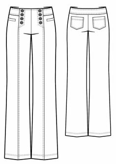 the front and back view of a women's pants with buttons on each side