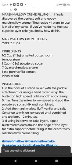 the menu for marshmallow cream filling recipe on an iphone screen, with text added