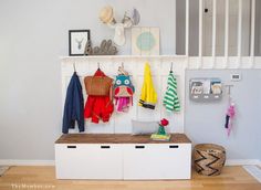 an ikea style bench with 3 ways to make it look like shelving unit