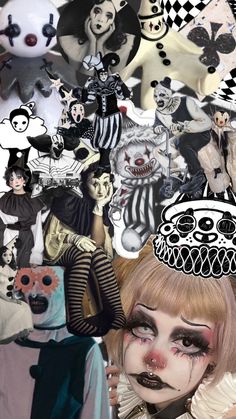 a collage of photos with clowns and dolls on it's face, including an image of a woman wearing a tiara