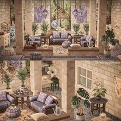 a living room filled with furniture and lots of plants on top of the floor next to a brick wall