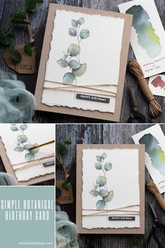 some cards with watercolor leaves on them and the words, simple botanical birthday card