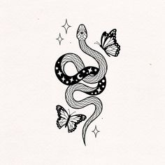 a black and white drawing of a snake with two butterflies on it's tail