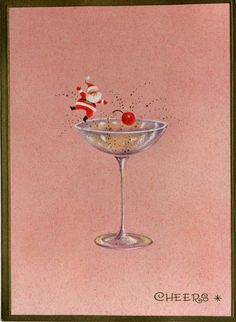 a christmas card with an image of santa in a martini glass and the words, let the celebrating begin